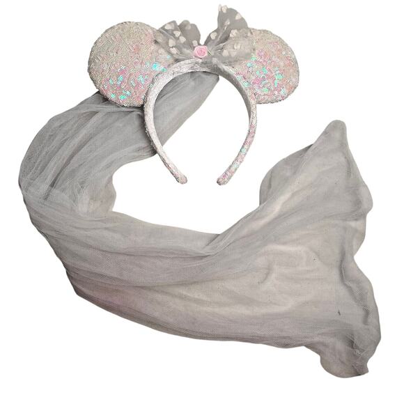 Disney Parks Minnie Mouse Bride Bridal Ears Veil Bow Sequin Headband Wedding - Picture 2 of 13